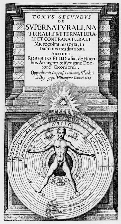 O microcosmo e o macrocosmo - Representação alegórica da posição do homem no universo (homem de vitruva): relação do homem (microcosmo) com o Macrocosmo simboliza pelas esferas do Sol, da Lua e dos planetas, diferentes temperamentos e t de Unknown artist