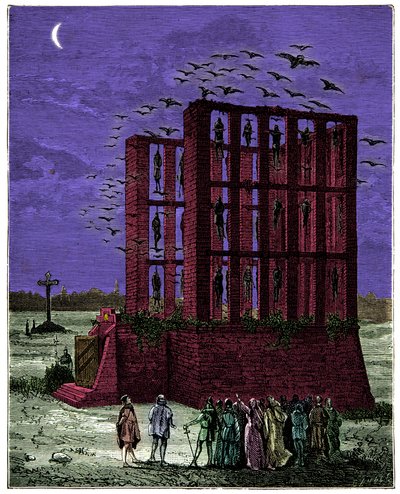 O gibet montfaucon em paris era uma massa de pedra sobreposta por dezesseis pilares (apelidada de garfos de grande justiça, localizada a nordeste de paris), gravada no século XIX. de Unknown artist