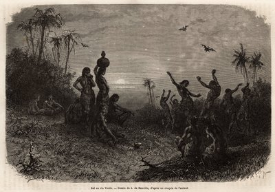 O baile ao luar, que encerra a cerimônia de aniversário de 18 anos e o casamento de um jovem indiano de Rio Verde (Brasil). Gravura para ilustrar a viagem a Nova Granada, pelo Dr. Saffray, em 1869, publicada em "Le tour du monde" 1873, editada por de Unknown artist