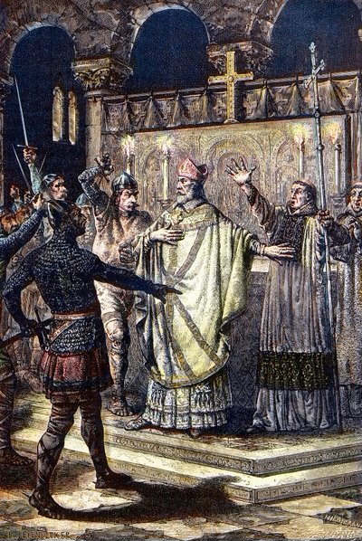 O assassinato de São Tomás Becket na Catedral de Canterbury, 29 de Dezembro de 1170, por cavaleiros da corte do Rei Henrique II (Gravura em madeira de Unknown artist