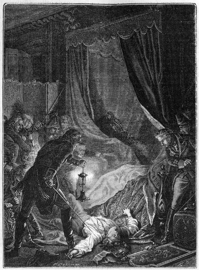 O assassinato do czar Paulo I da Rússia, março de 1801 - Ilustração 1882-1884 - O assassinato de Paulo I Petrovich (1754-1801), czar russo, em seu quarto no Palácio de São Miguel depois de ser forçado a assinar sua abdicação - Ilustração 1882-1884 de Unknown artist