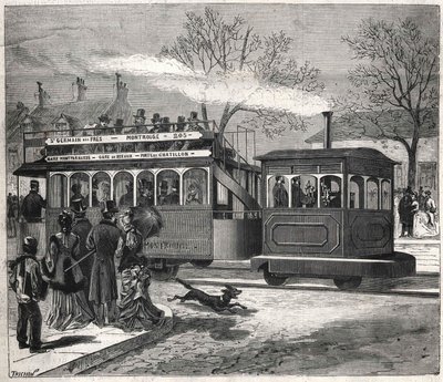Os novos eléctricos a vapor em Paris, em 1876, que correm na linha de Saint - Germain - des - Prés à porta de Chatillon, gravando a colecção Bianchetti. de Unknown artist