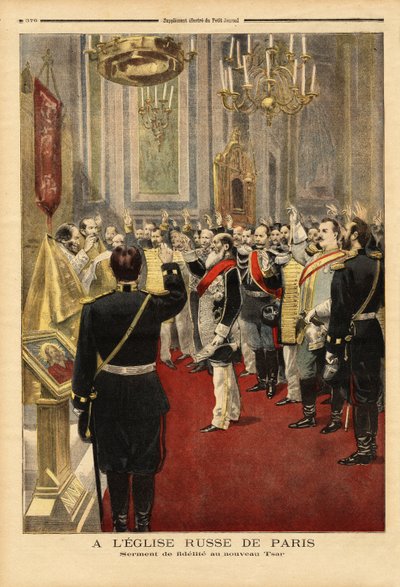 O juramento de fidelidade ao novo czar Nicolau II (1868-1918), na catedral de São Alexandre Nevsky, rue Daru, Paris. Gravura no "Le petit journal" 18/11/1894. Coleção de Selva. de Unknown artist