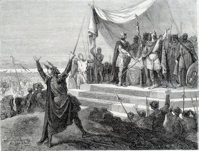 O juramento dos dois irmãos perante a sua armadura: Carlos II o Careca e Luís II o Germânico fazem o juramento contra Lothaire I (Juramentos de Estrasburgo 842). A gravura do século XIX. de Unknown artist