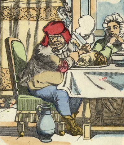 O ogre à mesa, sente a presença do pequeno Poucet e de seus irmãos. Ilustração do conto "Le Pepetit Poucet", de Charles Perrault de Unknown artist