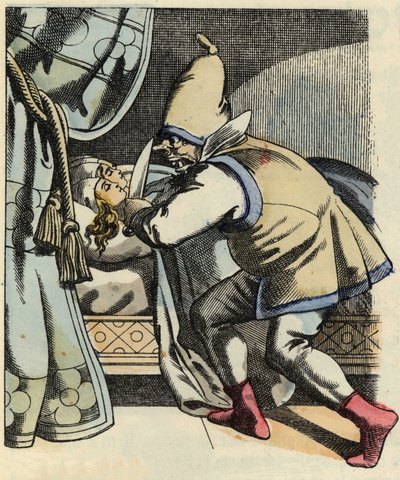O ogre corta a cabeça das suas sete filhas pensando em matar o Poulet e seus irmãos. Ilustração do conto "Le Petite Poucet", de Charles Perrault de Unknown artist