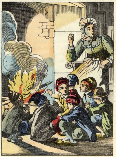 A mulher do ogre aquece o Poucet e os seus irmãos com um fogo. Ilustração do conto "Le Pepetit Poucet", de Charles Perrault de Unknown artist