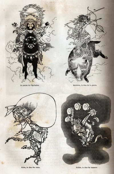 O panteão dos divinitas japoneses: representação tradicional de algumas figuras típicas: o patrono da equitação; Marisitão, o deus da guerra; Futen, o deus dos ventos; Raiden, o deus dos trovões. Gravura para ilustrar a viagem ao Japão em 1863-1864, por de Unknown artist