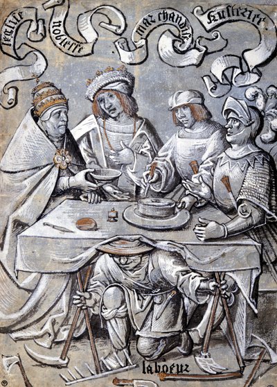 O Papa, a nobreza, os mercadores e o exército conspiram nas costas do povo (um camponês) - Desenho animado antipapista de Unknown artist