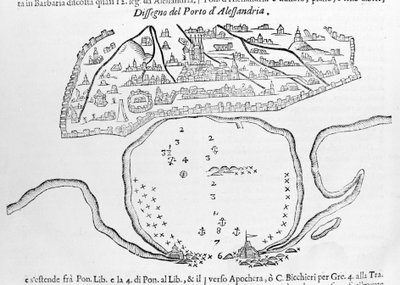 O porto de Alexandria. Desenho do século XVII. de Unknown artist