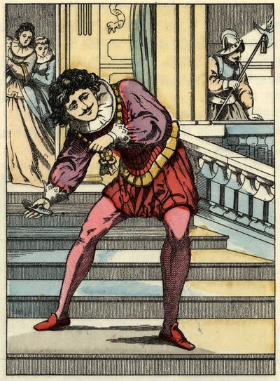 O príncipe pega no sapato de vidro da Cinderela. Ilustração do conto de Charles Perrault "Cinderela ou La petite slipper de verre". de Unknown artist