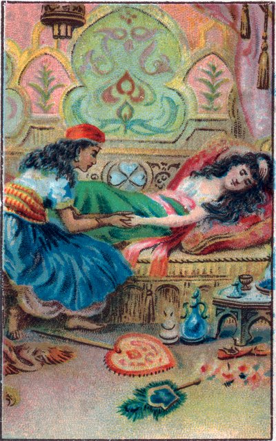 A princesa desmaia. Conto "Histoire du cheval enchante" em "Les mille et une nuits "(les 1001 nuits ou Le mille e una notte, Arabian Nights). Cromolitografia do final do século XIX. de Unknown artist