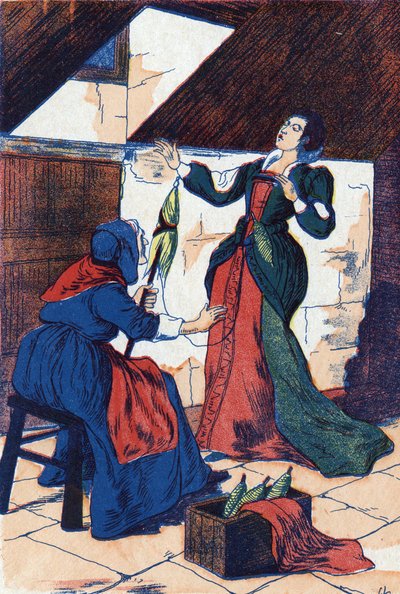 A princesa perfura a mão e adormece. Ilustração anônima de "La belle au bois dormant", conto de Charles Perrault (1628-1703), escritor francês. Imagery Marcel Vagne, Jarville Nancy, sem data (final do século XIX). de Unknown artist