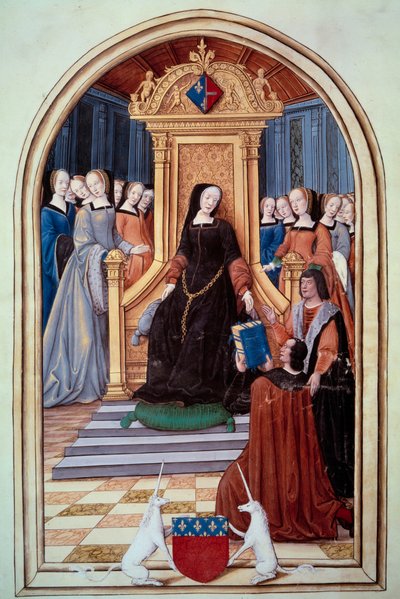 A regente da França Louise de Savoie (1476-1531) recebeu da cidade de Amiens o livro de dois echevins. Em primeiro plano, as armas de Amiens. Pinturas e canções reais do Puy Jam Notre Dame d