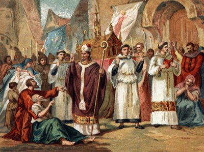 As relíquias de Sainte Genevieve (422-502), padroeira de Paris, são transportadas através das ruas de Paris. Cromolitografia por volta de 1890. de Unknown artist