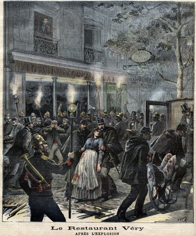 O restaurante Very (24 Boulevard Magenta em Paris) após a explosão causada pelo ataque do anarquista François Koenigstein dit Ravachol (1859 - 1892) em 30 de março de 1892. No "The Petity Journal". de Unknown artist