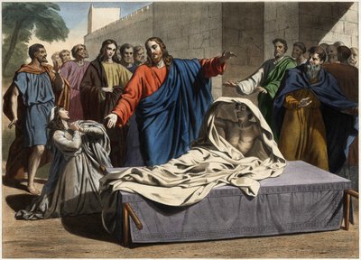 A ressurreição do filho da viúva de Naim: Jesus Cristo ressuscita o único filho da viúva. Gravura de meados do século XIX. de Unknown artist