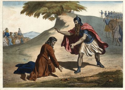 O regresso de Jacob e o seu encontro com Esaú - Jacob regressa à Terra de Canaã com as suas mulheres e filhos: ele conhece o seu irmão Esaú. Gravura da metade do século XIX. de Unknown artist