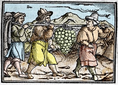 O regresso de Josué e Calebe com um enorme cacho de uvas da terra de Canaã (Terra Prometida). Crónica de Johann Stumpff "Den edlen strucen besten fromen". de Unknown artist
