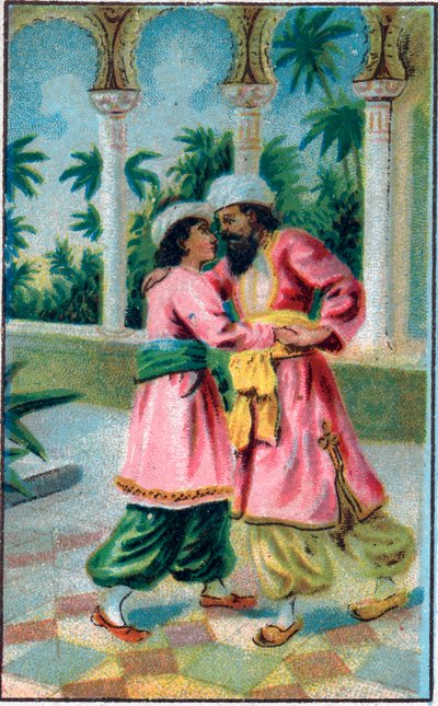 O regresso do príncipe. Conto "Histoire du cheval enchante" em "Les mille et une nuits" (les 1001 nuits ou Le mille e una notte, Arabian Nights). Cromolitografia do final do século XIX. de Unknown artist