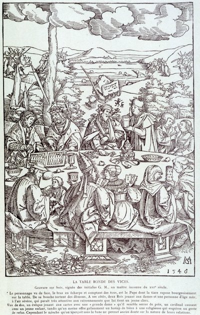 A mesa redonda dos vícios: jogo, ganância, luxúria, orgulho... - A gravura 1546 de Unknown artist