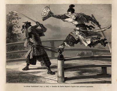 O samurai Yashitsune em equilíbrio na barreira de uma ponte, ataca um samurai de armadura. Gravura para ilustrar a viagem ao Japão, em 1863-1864, de Aime Humbert, ministro da Confederação Suíça, em "Le tour du monde, nouveau journal des voyages". de Unknown artist