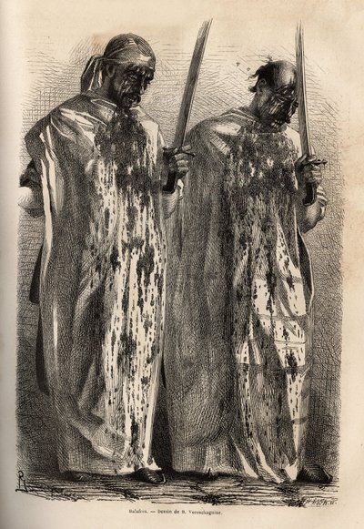 As cicatrizes, muçulmanos em procissão durante a festa comemorativa do martírio de Hossein, atingem a cabeça com uma espada, cada um deles coberto por um lençol branco, para recolher o sangue que escorre das suas feridas. Gravura para ilustrar a viagem no  de Unknown artist