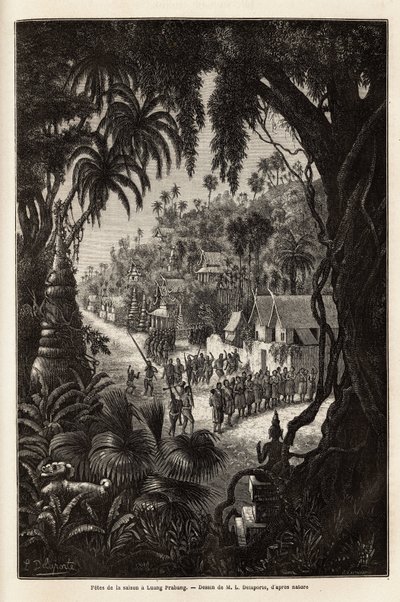 As celebrações da época em Luang Prabang, capital real de Lan Xang (reino do milhão de elefantes) (atual Laos), consistem em uma procissão dos habitantes e um pagode de adoração por toda a cidade. Gravura para ilustrar uma viagem de exploração de Unknown artist