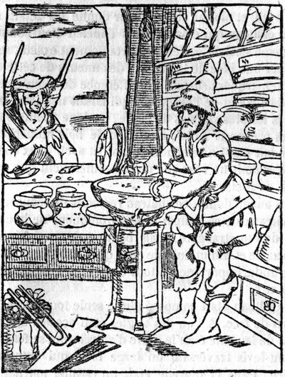 A loja do boticário e comerciante de pomadas e poções no século XVI, o cabeleireiro cuida do cabelo de um cliente - Em "A loja pitoresca" 1836 de Unknown artist