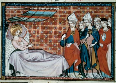 O rei doente da França Saint Louis (Louis IX) (1214-1270) dirige-se aos seus parentes e ao clero. Miniatura de um manuscrito "Vida e Milagres de São Luís", de Guilherme de Saint Pathus de Unknown artist