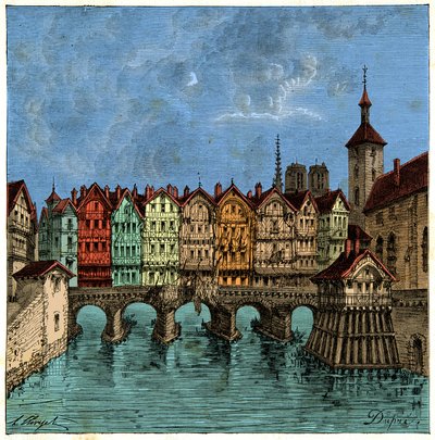 A pequena ponte que mais tarde foi a Pont au Change em Paris na Idade Média, gravura do século XIX. de Unknown artist