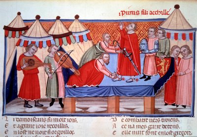 O amolecimento de Pirro, filho de Aquiles. Miniatura tirada de "Le roman de Troie" de Benoit de Sainte-Maure (finais do século XII), poeta normando realizado por volta de 1160-1170 para Alienor d