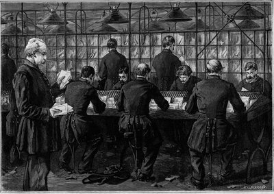 A triagem de correspondência num escritório do Hotel des Postes na Rue du Louvre, em Paris. Gravação na revista "La jeunesse". de Unknown artist
