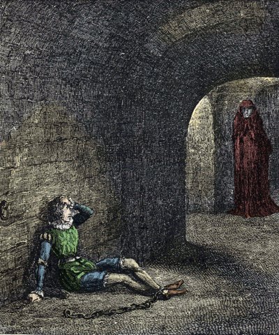 O espectro da torre O prisioneiro acorrentado em uma masmorra vê um fantasma diante dele. Ilustração para "A Torre de Londres" de William Harrison Ainsworth do século XIX de Unknown artist