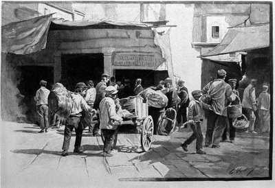 Os vendedores ambulantes e o passeio do bairro de Vuccirla em Palermo Sicília Gravura do século XIX de Unknown artist