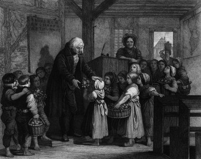 Os alunos de uma turma reúnem-se para dar flores ao professor da escola no seu aniversário. Gravura do século XIX de Unknown artist