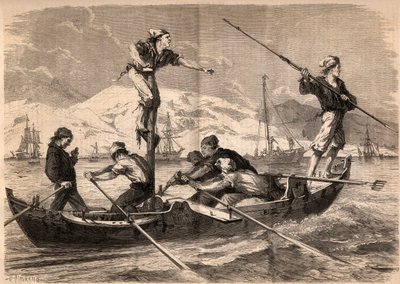 A pesca do espadarte arpão (pesce spada, espadarte) na costa da Sicília, na Itália, em 1862. Gravura em "Le Monde illustrious" de 1862. Colecção privada. de Unknown artist