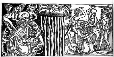 As tentações de Santo Antônio o Grande (ou Santo Antônio o Eremita ou Santo Antônio a Abadia) e, à direita, seu martírio depois. Gravura de "Leben der Heiligen - sommerteil" (O livro do santo) de Jacobus (Tiago) de Voragine (1228-1298). L de Unknown artist