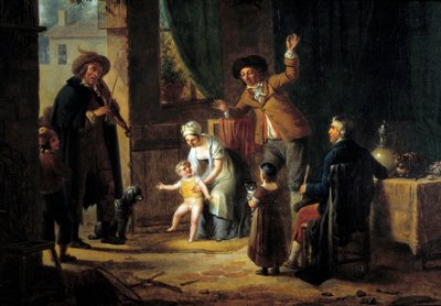 O músico itinerante Um violinista toca música à porta de uma casa de família. Uma pintura anónima. 1819 Paris, Artes Decorativas de Unknown artist