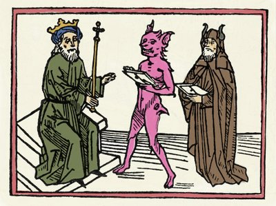 O julgamento de Belial: "O Demônio Belial apresenta suas credenciais ao Juiz Salomão" "Gravura de "O julgamento de Belial" de Jacobus de Teramo (ou Palladino), Ausburgo de Unknown artist
