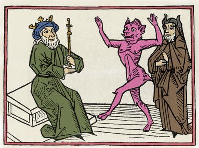 O julgamento de Belial: "O demônio Belial dança diante do Juiz Salomão" Gravura de "O julgamento de Belial" de Jacobus de Teramo (ou Palladino), Ausburgo de Unknown artist
