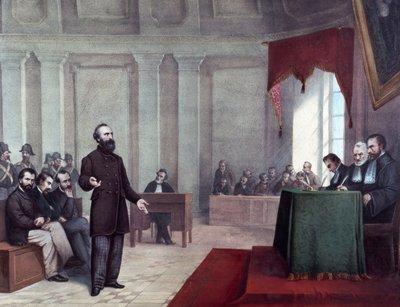 O julgamento de Felice Orsini (1819 - 1858) que cometeu o ataque de 14 de janeiro de 1858 contra Napoleão III. Litografia do final do século XIX. Coleção particular de Milão ©Luisa Ricciarini/Leemage de Unknown artist