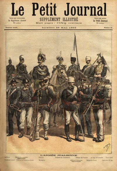 Os uniformes do exército italiano, um cavalo da esquerda para a direita: a artilharia, o oficial de cavalaria, o general, o coronel dos carabinieri, o oficial dos guias, o 10º regimento de lanças, o centésimo. De pé da esquerda para a direita: o mosquetão, de Unknown artist