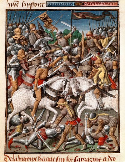 A vitória do Imperador Bizantino Heraclius (Herakleios (cerca de 575-641) sobre os sarrazins Miniatura em "Le miroir historiale" (ms. 1196 fol. 65 v.) por Vincent de Beauvais (1190-1264) traduzido para o francês por Jean de Vignay de Unknown artist