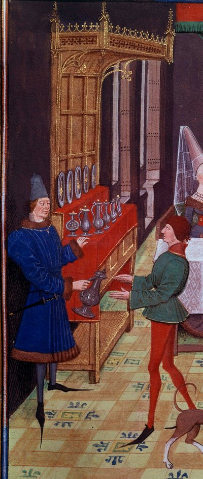 O banquete de casamento de Clarisse, filha do Rei Yvon de Gasconha e Renaud Detail representando os criados que trazem vinho. Miniatura do manuscrito "Renaud de Montauban" ou "Les quatre fils Aymon" de Loyset Liedet (activo entre 1448 e 1478). Ms. de Unknown artist