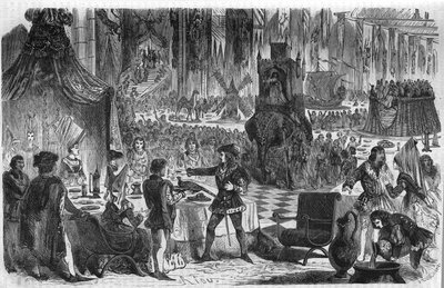 O desejo do faisão. Filipe III Le Bon, Duque de Borgonha (1396-1467) juntou-se ao Imperador de Constantinopla em 17 de Fevereiro de 1454 para um banquete no hotel da Salle de Lille. Gravura do século XIX. de Unknown artist