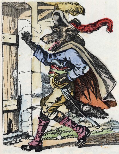 O lobo bate à porta da casa dos biquetes. Ilustração do conto "Compere le Loup, Maitre Renard, Comere la Chevre et ses petits biquets" depois de uma fábula de Jean de la Fontaine. Em "Contos da casa para os pequenos". Gravação anónima o de Unknown artist