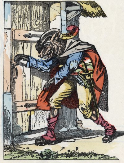 O lobo bate à porta da casa dos biquetes. Ilustração do conto "Compere le Loup, Maitre Renard, Comere la Chevre et ses petits biquets" depois de uma fábula de Jean de la Fontaine. Em "Contos da casa para os pequenos". Gravação anónima o de Unknown artist