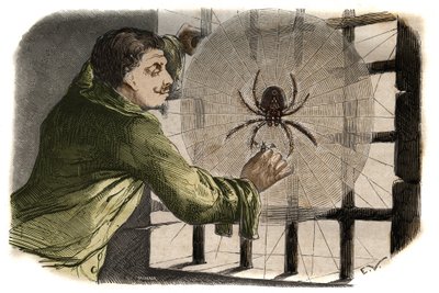 O escritor Paul Pellisson (Paul Pellisson-Fontanier dit) (Pellisson Fontanier) (1624-1693) doma um araignee durante a sua prisão na Bastilha. Gravura de 1858 em "Le Musee Des Sciences" (Le Musee Des Sciences) de Unknown artist