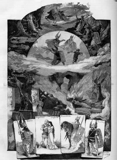 A peça de teatro "Die Walkure" (O Walkyrie), drama de Richard Wagner (1813-1883) representa no Théâtre de la Monnaie, em Bruxelas. Gravação em "Le monde illustrious" (O monde ilustre) de Unknown artist